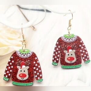Reindeer Christmas Gift Earrings Holiday Festive Red‎ Green Ugly Sweater Winter